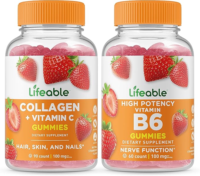 Lifeable Collagen &amp Vitamin C + Vitamin B6 Gummies Bundle - Great Tasting Vitamin Supplement Gluten Free GMO Free Chewable Gummy