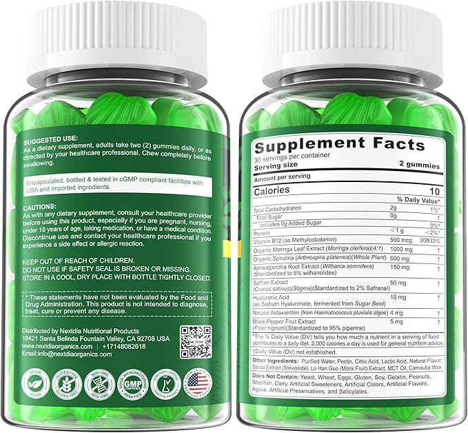 Moringa Gummies 1000mg + Spirulina Saffron Ashwagandha &amp Natural Astaxanthin 4 mg | Energy Mood Immune &amp Gut Health Green Superfood | Chewable Moringa Supplement for Women Men Sugar Free