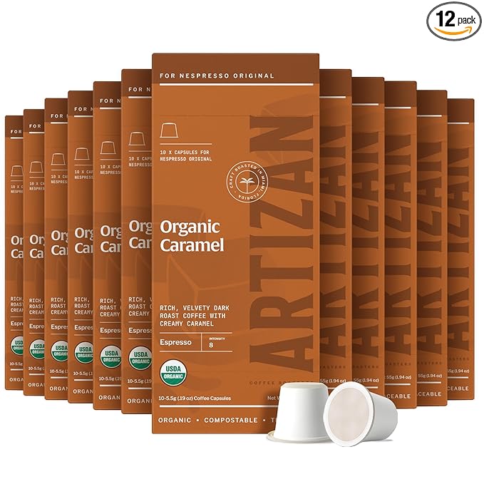 Artizan Coffee USDA Organic Espresso Coffee Capsules For Nespresso Original | Caramel Flavored | 120 Compatible Compostable Pods