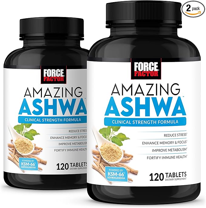 Force Factor Amazing Ashwa KSM-66 Ashwagandha Supplement for Stress Relief Focus Memory Immune Support With Vitamins Minerals &amp Antioxidants Cortisol Supplements for Women 240 Tablets (2-P