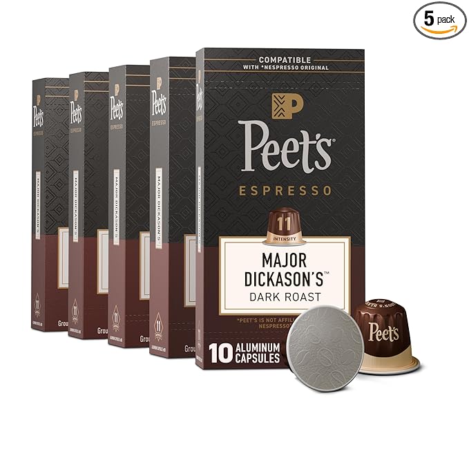 Peet's Coffee Dark Roast Espresso Capsules Compatible with Nespresso Original Machines 100% Arabica Coffee - Major Dickason's Blend Intensity 11 50 Count (5 Boxes of 10 Espresso Capsules)