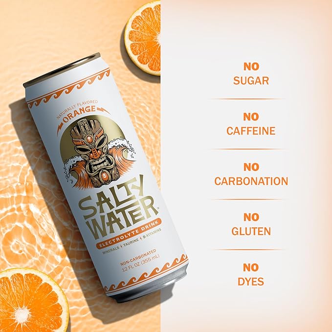 SaltyWater Electrolyte Drink Orange – Zero Sugar Premium Hydration Drink 10 Calories Minerals Taurine B-Vitamins Non-Carbonated - Zero Caffeine Electrolyte Sports Drink - Gluten Free - 12 Pack (