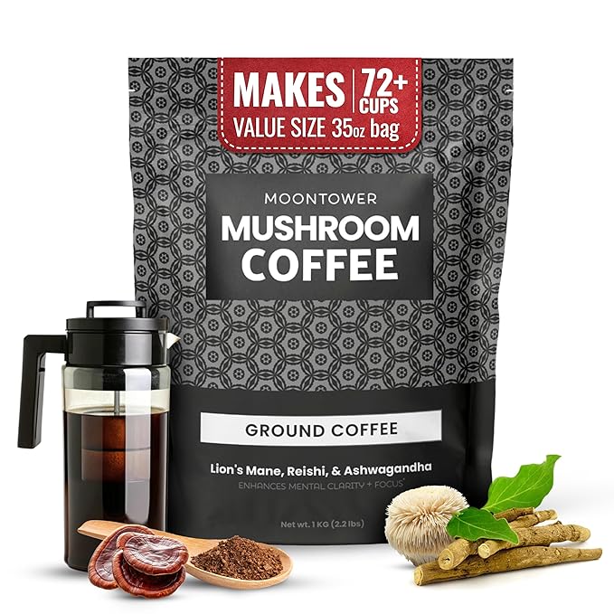 Moontower Adaptogen Mushroom Coffee Ground - Organic Mushroom Coffee with Lion's Mane Reishi &amp Ashwagandha Medium Roast Nicaraguan Beans for Focus &amp Clarity Energizing Balanced Brew - 35 oz
