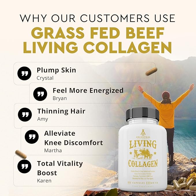 Ancestral Supplements Grass Fed Beef Living Collagen Nutritional Powder Supplement 3000mg Promotes Healthier Younger Looking Skin Hair Nails and Joints Type II 180 Capsules