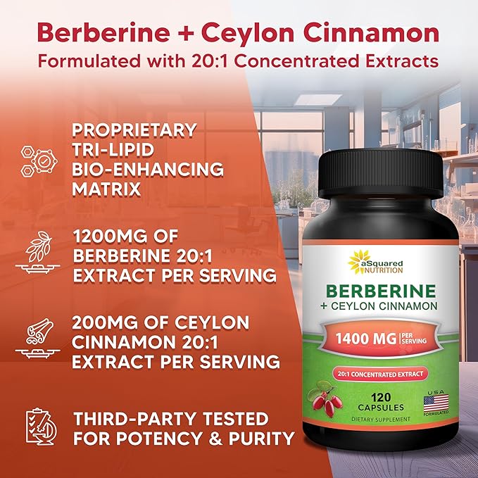 Berberine with Ceylon Cinnamon Supplement - 1400mg Per Serving Max Strength Complex - 120 Capsules - 1200mg Per Serving HCl Powder Extract Plus Pills - Alternative to Gummies &amp Drops