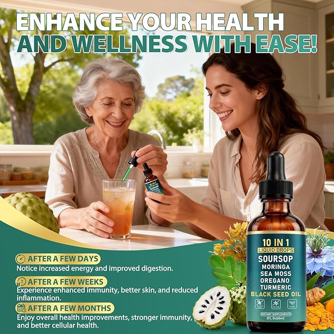 10-in-1 Soursop Bitters Liquid Drops with Sea Moss Moringa Black Seed Oil Turmeric Ashwagandha Oregano - for Overall Health - 2 Fl Oz - Non-GMO Vegan