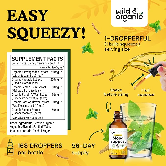 Wild &amp Organic Mood Support Supplement - Natural Liquid Drops for Positive Energy - Calm Mind Supplement for Women and Men - Non-Alcohol Ashwagandha &amp Rhodiola Rosea Root Tincture for Good Moo