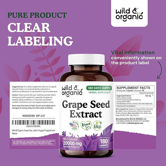 Wild &amp Organic Grape Seed Extract Capsules - 20000 mg Strength Grapeseed Extract Equivalent - 95% Polyphenols - 400 mg per Serving - 180 Vegan Capsules - 6 Month Supply - Non-GMO