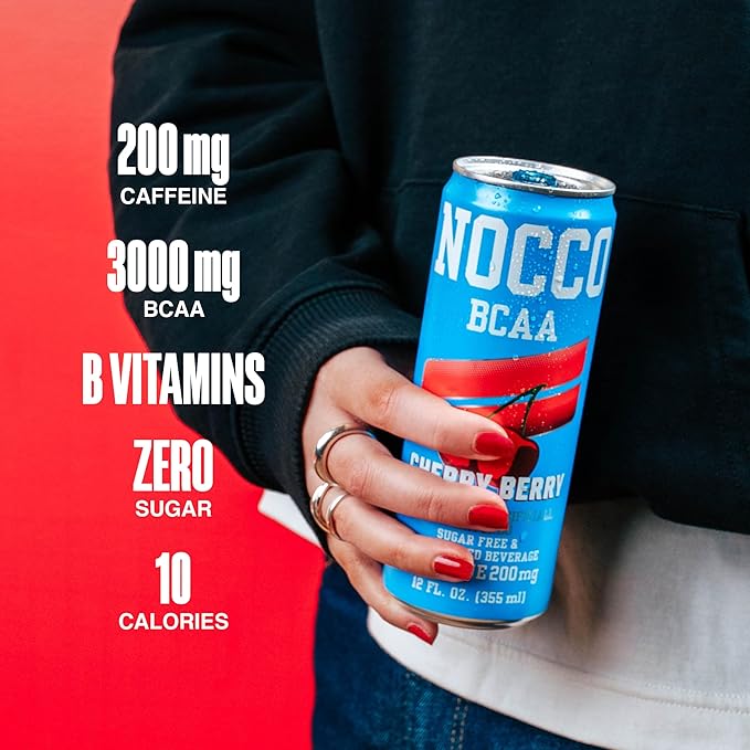 NOCCO BCAA Energy Drink Cherry Berry - 12 Fl Oz (Pack of 12) - 200mg of Caffeine Sugar Free Energy Drinks - Carbonated &amp Low Calorie BCAAs Vitamin B6 B12 &amp Biotin - Grab &amp Go Performa