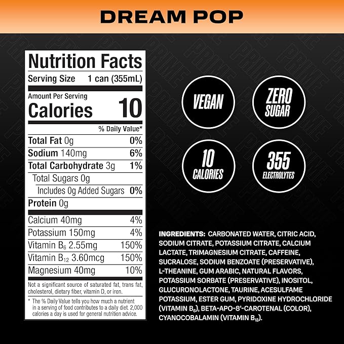 PRIME Energy DREAM POP | Zero Sugar Energy Drink | Preworkout Energy | 200mg Caffeine with 355mg of Electrolytes and Coconut Water for Hydration| Vegan | Gluten Free |12 Fluid Ounce | 24 Pack
