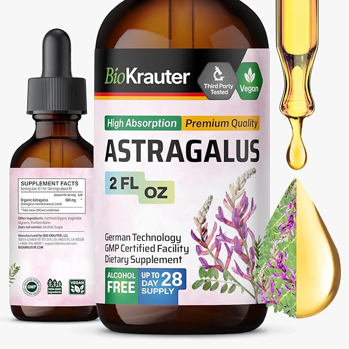BIO KRAUTER® Astragalus for Immune Support - Vegan Astragalus Root Herbal Supplements 685 mg for Daily Wellness - Liquid Extract 2 Fl.Oz. 28 Days of Supply Alcohol &amp Sugar Free
