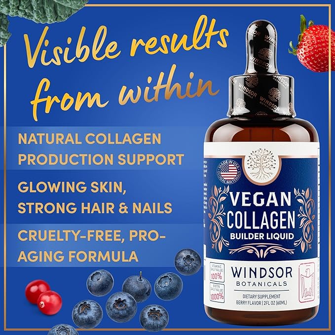 WINDSOR BOTANICALS Vegan Collagen Builder Liquid Supplement - Collagen Booster with Vitamin C Biotin Hyaluronic Acid &amp Amino Acids - Organic Fruit &amp Vegetable Blend - 120ml 60 Day