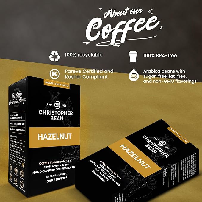 Christopher Bean Coffee - 396 servings 30 to 1 Blend Bag in Box Liquid Instant Coffee or Cold Brew Coffee Concentrate - Hot or Iced Coffee - Hazelnut