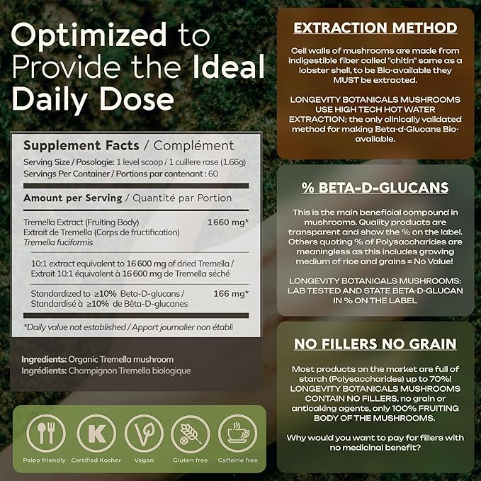 Organic Tremella Mushroom Powder Supplement 10:1 Extract 100g | Snow Fungus Fuciformis 100% Fruiting Body | ≥30% Beta-D-Glucans | 60 Servings of 1660mg | Skin Hydration Complexion &amp Beauty Suppo