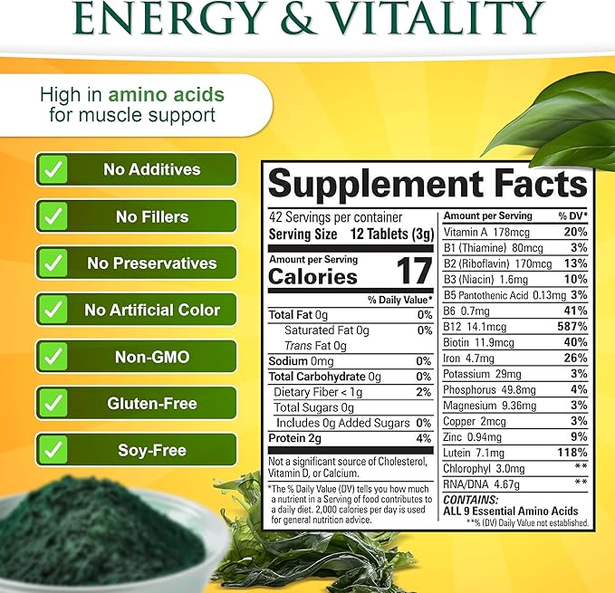 Sunlit Best Chlorella Spirulina Tablets - Organic USDA Premium Spirulina and Chlorella Tablets 1000 Count - Sun Chlorella Pure Natural Superfood with Algae Enzymes Chlorophyll &amp Vegan Protein