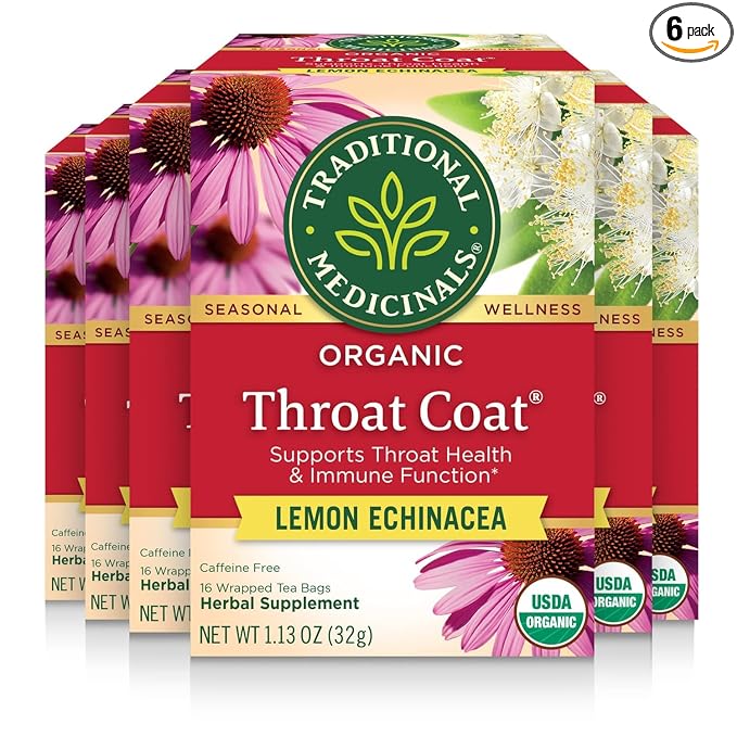 Traditional Medicinals Tea Organic Throat Coat Lemon Echinacea Supports Throat Health &amp Immune Function 96 Tea Bags (6 Pack)