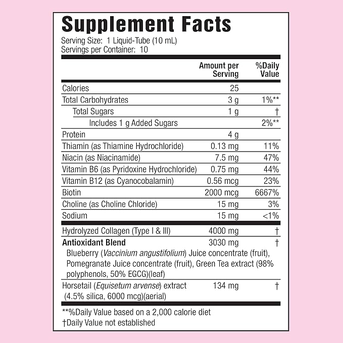 Applied Nutrition Liquid Collagen Skin Revitalization - 10 Liquid Tubes Pack of 2 - Collagen Biotin &amp Silica - Tropical Strawberry &amp Kiwi Flavor - 20 Servings