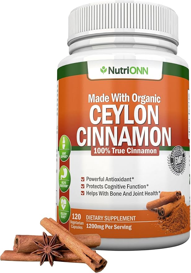Organic Ceylon Cinnamon 1200 mg | 120 Vegan Capsules | True Cinnamomum verum from Sri Lanka | Non-GMO Third-Party Lab Tested Low Coumarin GMP Certified