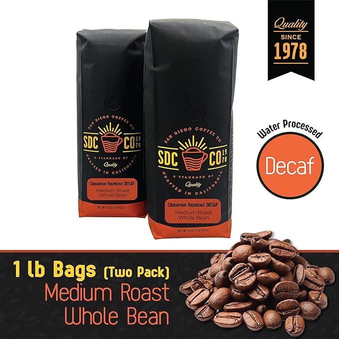 San Diego Coffee DECAF Cinnamon Hazelnut Medium Roast Whole Bean Coffee 16-Ounce Bags (Pack of 2) Café en grano tostado descafeinado