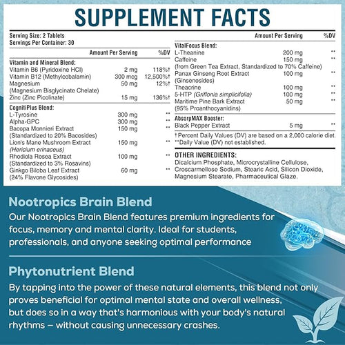 17-in-1 Brain Supplement for Memory and Focus | Natural Nootropics Brain Supplement for Brain Cognition Energy | High Absorption | L-Theanine Phytonutrient Blend and Vitamins B6 B12 | 60 Tablets