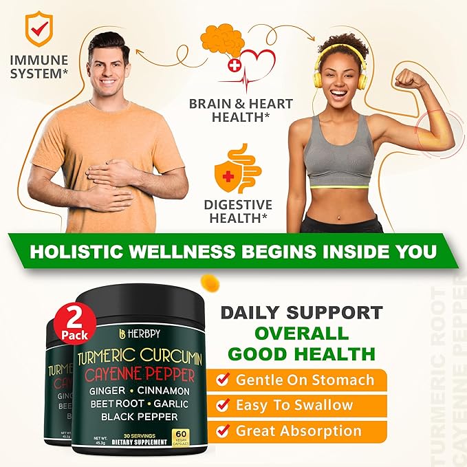 7in1 Turmeric and Cayenne Pepper Supplement - Digestion Immune Brain &amp Heart Health Support with Ceylon Ginger Garlic Beetroot - 2Pack60