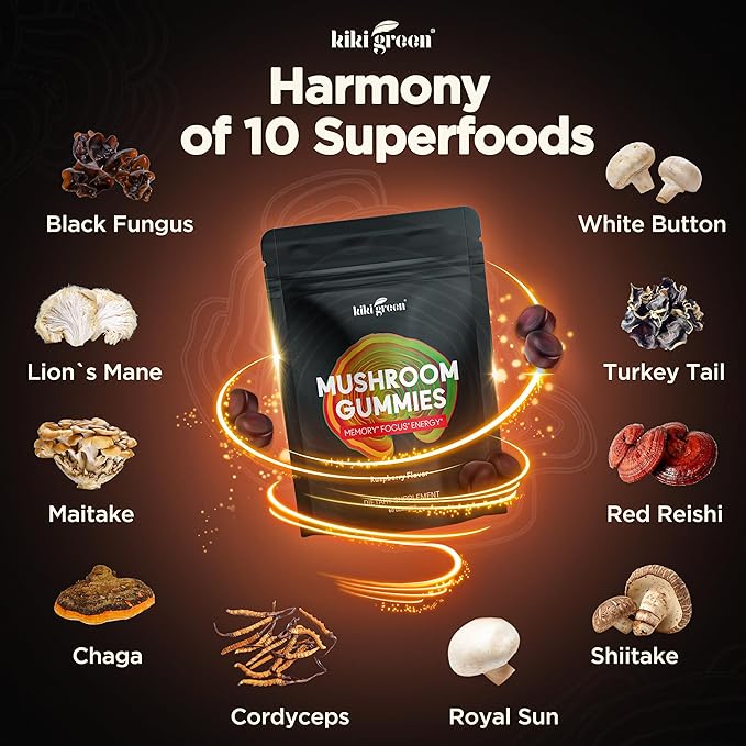 KIKI Green Mushroom Gummies with Lion's Mane and 9 Adaptogen Superfoods Blend - Chaga Red Reishi Cordyceps Shiitake Black Fungus | 60 Count 10:1 Extract