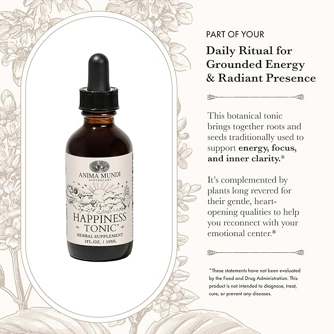 Anima Mundi Apothecary Herbal Ashwagandha Drops - Happiness Tonic for Gentle Mood Support and Relaxation - Adaptogenic Drops with Organic Ashwagandha Rhodiola St. John's Wort &amp More (2oz / 59ml)