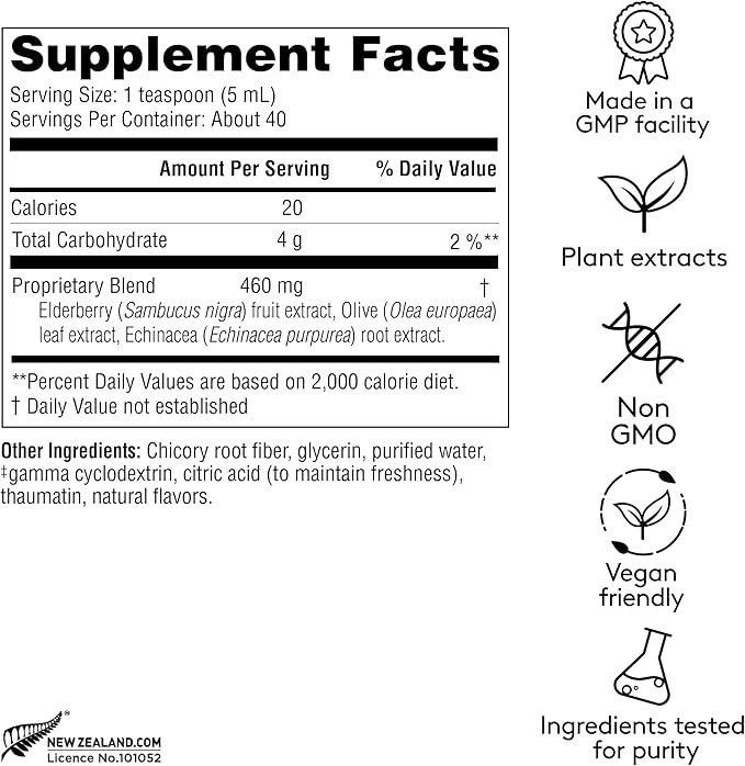 Immune + Wellbeing Syrup Herbal Formula with Elderberry Echinacea &amp Olive Leaf High Absorption Wild Berry Flavor Plant-Based - 6.7 Fl oz (40 Servings)
