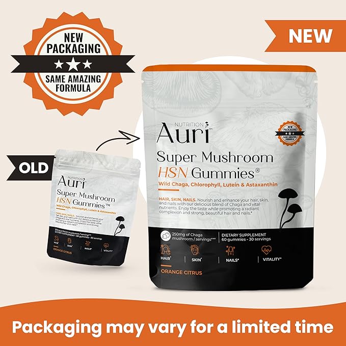 Auri Nutrition Super Mushroom HSN Gummies - Hair Skin and Nails Gummies Functional Mushrooms Supplement - with Wild Chaga Chlorophyll Lutein and Astaxanthin - 60 Orange Citrus Gummies