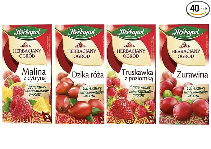 Herbapol Herbal Fruit Infused Tea (Variety 4 Pack) WILD ROSE STRAWBERRY &amp WILD STRAWBERRY CRANBERRY and RASPBERRY &amp LEMON Tea Natural Flavor - 20 Silk Tea Bags Each.