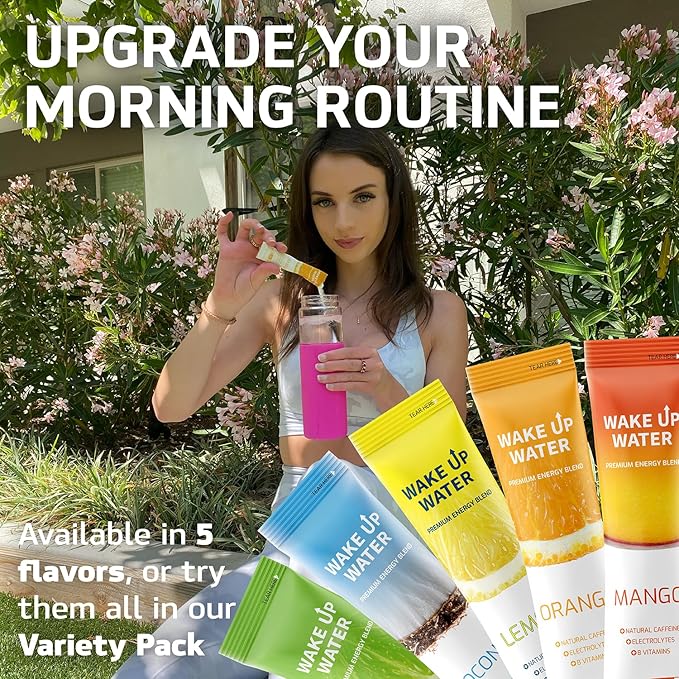 Wake Up Water - Energy + Hydration Sugar Free 15 Packs Orange Flavor - Energy Drink Powder Electrolytes Powder Drink Natural Caffeine Mix Packet B Vitamins 5 Calories Gluten Free - 1.60 oz (45.4