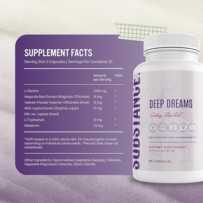 SUBSTANCE. Nature’s Deep Dreams Soothing Sleep Aid – Melatonin L-Glycine L-Tryptophan Valerian Root &amp Jujube Extract – Natural Sleep Support Supplement for Restful Sleep – 90 Capsules