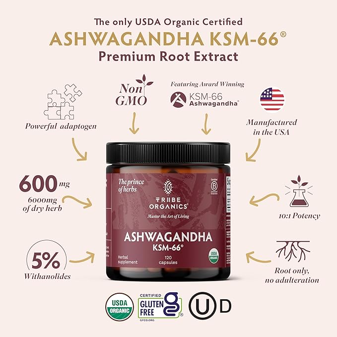 TRIBE ORGANICS Ashwagandha KSM 66 Pure Organic Root Powder Extract Ayurvedic Supplement - Focus Mood Support Increase Energy Strength 600mg of Natural KSM66 for Superior Absorption - 120 Capsules