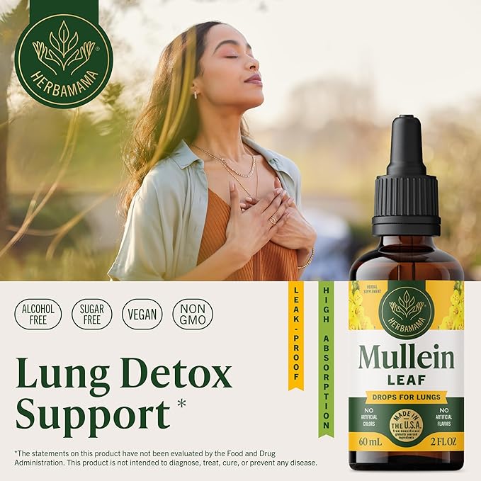 HERBAMAMA Mullein Drops for Lungs - Vegan Lung Cleanse with Mullein Leaf Extract Echinacea Tincture &amp Licorice - Non-GMO Alcohol &amp Sugar-Free Respiratory Support Supplement - 28-Day Supply