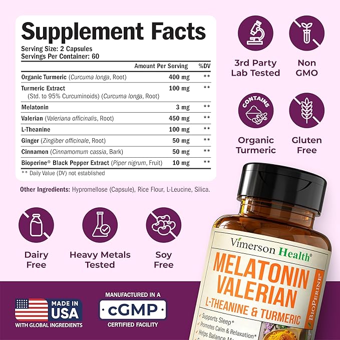 Melatonin 3mg Sleep Aid with L-Theanine &amp Valerian Root – Turmeric Curcumin Supplement with Ginger &amp Black Pepper – Organic Turmeric Supplement for Sleep Calm and Stress Relief Support – 120