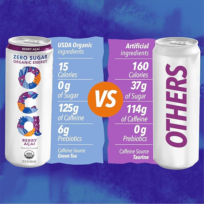 OCA ZERO Berry Acai Organic energy drink zero sugar gluten-free vegan plant-based 12 Fl Oz (12 pack)