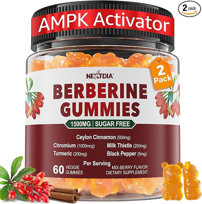 Berberine Gummies Supplement 1500mg Natural GLP-1 Support + Ceylon Cinnamon Chromium Milk Thistle Turmeric AMPK Activator for Women &amp Men Berberine HCl from Indian Barberry Sugar Free 2 Pa