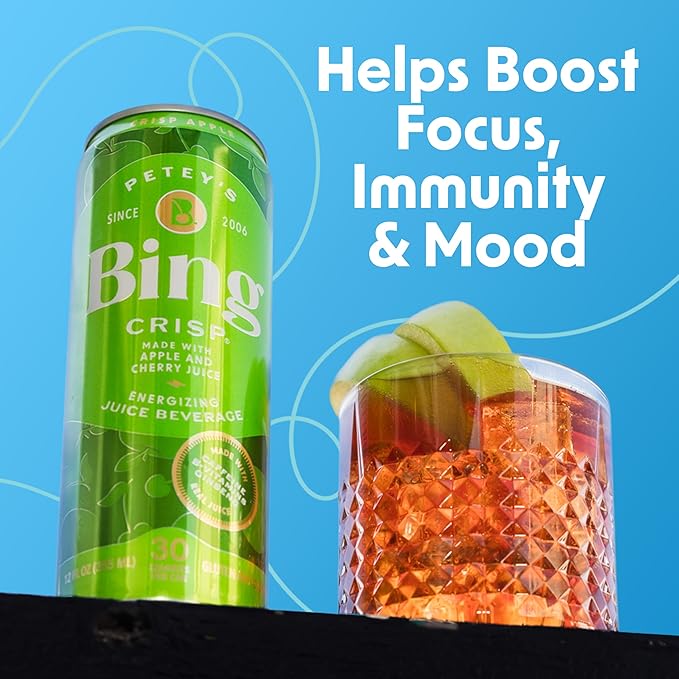 BING CRISP Energizing Juice Beverage – Apple &amp Cherry (12oz/24pk) – Made with REAL Juice! Only 2g added Sugar Low Calorie 5 B-Vitamins &amp Ginseng 100mg Caffeine Vegan Gluten + Dairy Free.