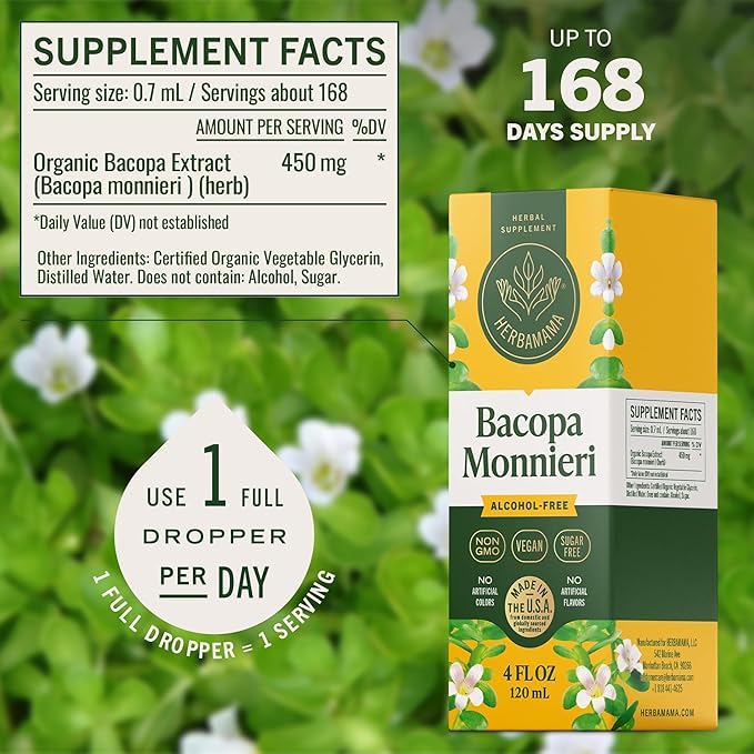 HERBAMAMA Bacopa Monnieri Supplement - Vegan Brain Focus and Clarity Support with Bacopa Extract Tincture - Non-GMO Alcohol &amp Sugar-Free Brahmi Herb Drops 168-Day Supply