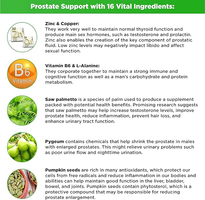 Prostate Support Supplement for Men with Saw Palmetto Pygeum Bark Pumpkin Seed and Zinc Urinary Tract Health and Hair Growth DHT Blocker and Bladder Control 120 Capsules