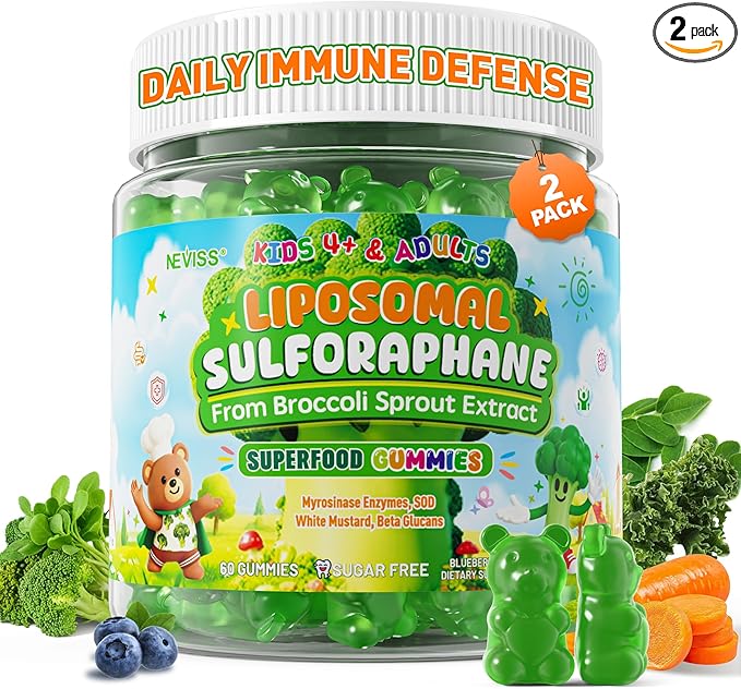Liposomal Sulforaphane Gummies from Organic Broccoli Sprouts with Superfood Beta Glucans Myrosinase White Mustard For Kids 4+ &amp Adults Immune Cell Health Antioxidants Vegan Sugar Free 120c