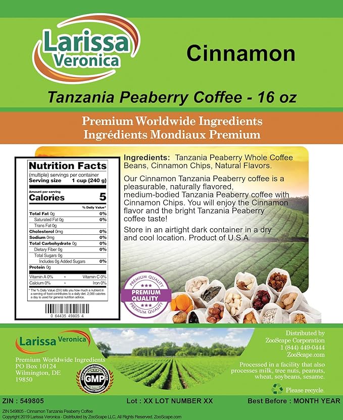Cinnamon Tanzania Peaberry Coffee (Gourmet Naturally Flavored Whole Coffee Beans) (16 oz ZIN: 549805)