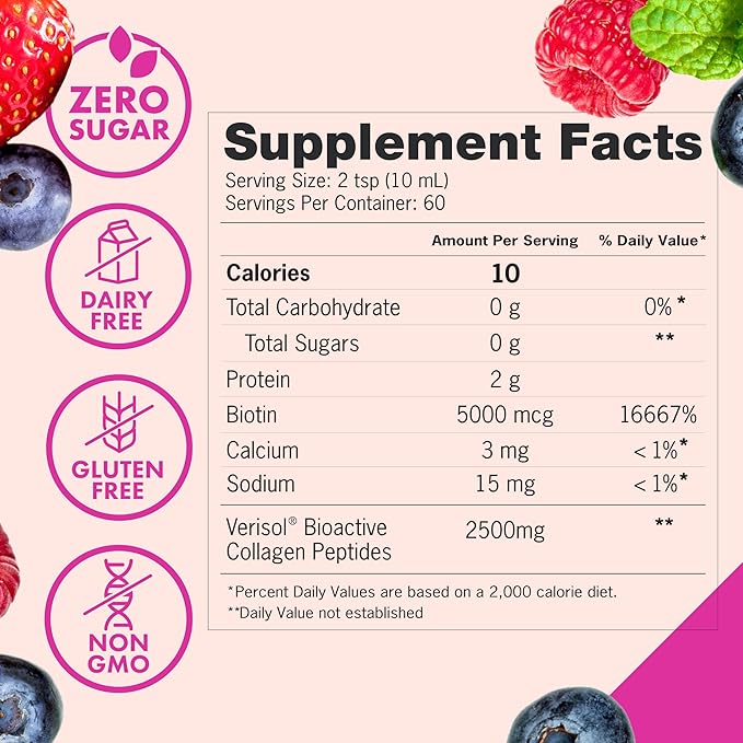 Zena Nutrition Liquid Collagen for Women &amp Men (Type 1 &amp 3) &amp 5000mcg Biotin 2500mg Verisol Bioactive Collagen Peptides Hair Skin Nail Supplement Mixed Berry Colageno 60 Servings 20