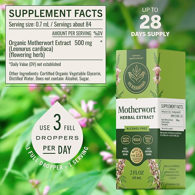 HERBAMAMA Motherwort Tincture - Vegan Motherwort Herb Extract Calm Drops for Women's Support - Non-GMO Alcohol &amp Sugar-Free Liquid Relaxation Supplement 28-Day Supply