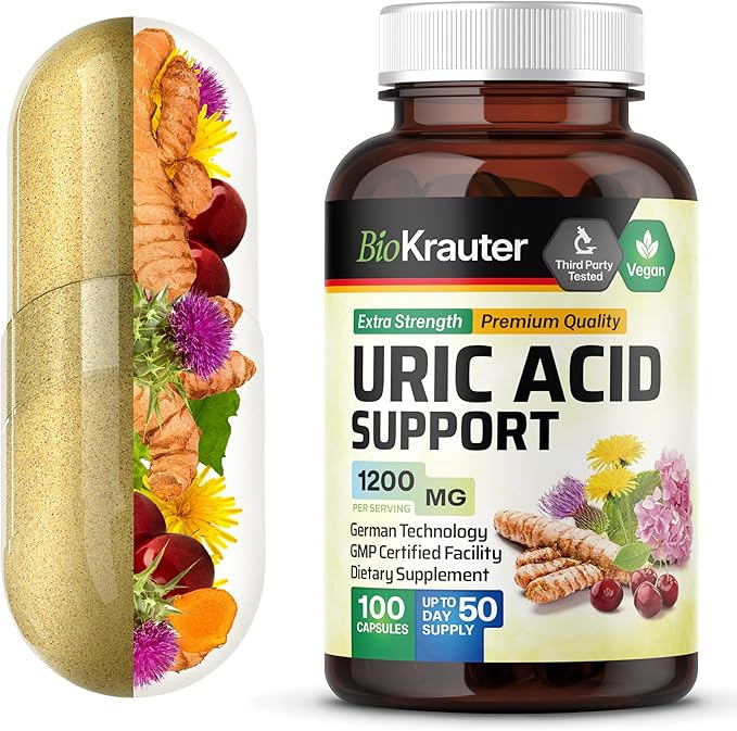 BIO KRAUTER® 7-in-1 Uric Acid Support Supplement with Tart Cherry Dandelion Root Cranberry &amp Celery Seed – Herbal Kidney Support with Milk Thistle &amp Turmeric 1200 mg 100 Capsules 50-Day Su