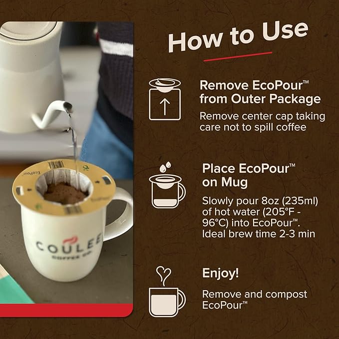 Coulée EcoPour Coffee Variety Pack Single Serve Pour Over Coffee Use for Camping or Traveling Pre Filled Compostable Filters Ready to Brew with Hot Water Includes 4 Flavors 20 Pack