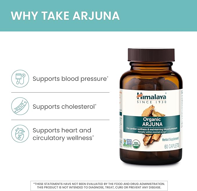 Himalaya Organic Arjuna 60 Day Supply - Herbal Supplement Supporting Heart Health and Normal Blood Pressure - USDA Organic Vegan Non-GMO Gluten Free 700 mg 60 Caplets