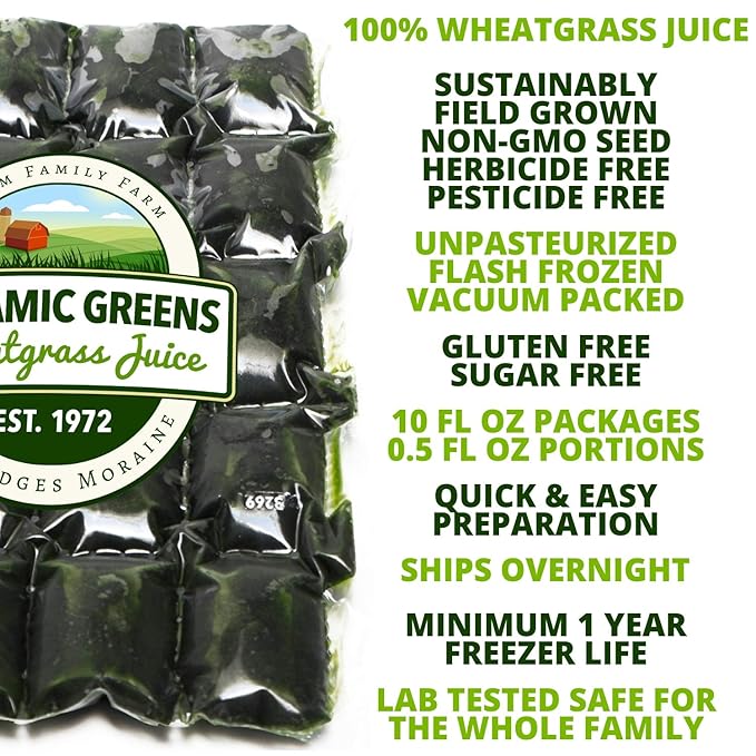 100% Wheatgrass Juice – Field-Grown Flash-Frozen Unpasteurized – 100 fl oz (200 x 0.5 fl oz Portions) – Dynamic Greens