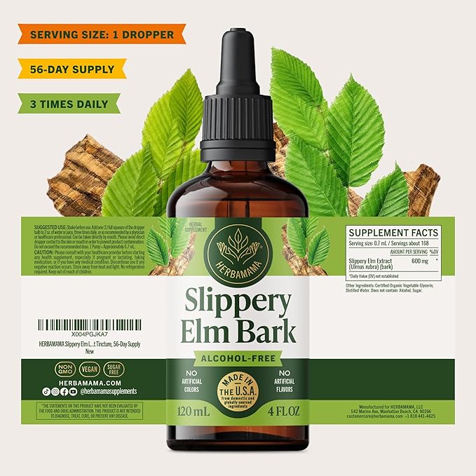 HERBAMAMA Slippery Elm Liquid Drops - Vegan Respiratory &amp Digestive Support with Slippery Elm Bark Extract - Non-GMO Alcohol &amp Sugar-Free Supplement Tincture 56-Day Supply