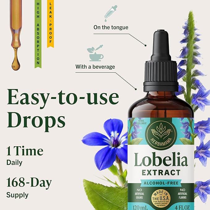 HERBAMAMA Lobelia Tincture - Vegan Lobelia Leaf Extract for Lung Cleanse &amp Detox - Respiratory Lung Support Drops - Non-GMO Alcohol &amp Sugar-Free Respiratory Support Supplement